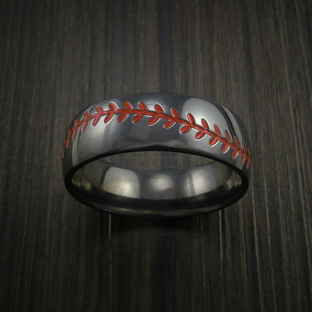 Black Zirconium Baseball Stitch Ring with Custom Color and Bahama