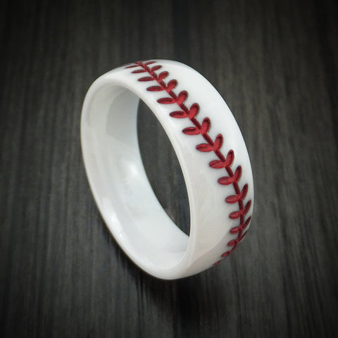 White Ceramic Baseball Ring with Polish Finish