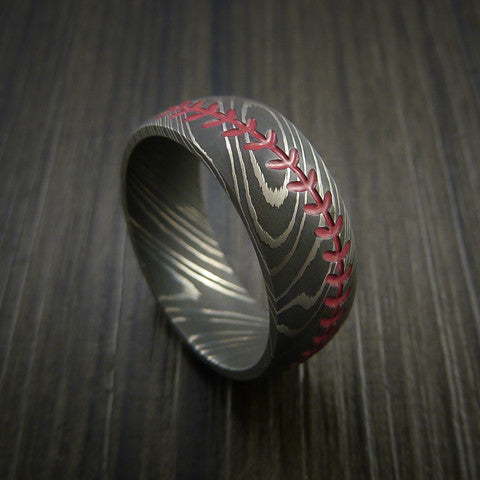 Damascus Steel Baseball Ring with Acid Wash Finish - Baseball Rings
 - 2