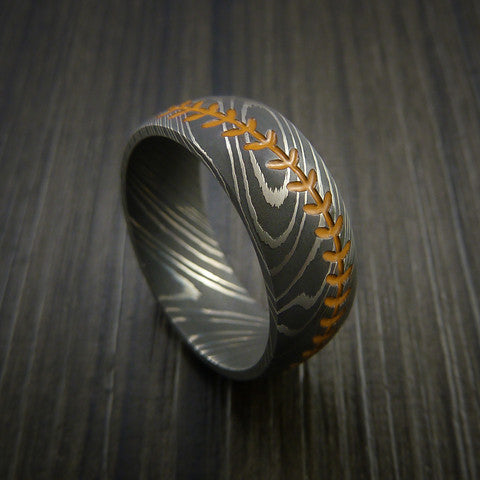 Damascus Steel Baseball Ring with Acid Wash Finish - Baseball Rings
 - 4