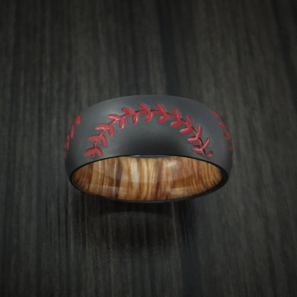 Black Zirconium Double Stitch Baseball Ring with Custom Color and Hardwood Sleeve