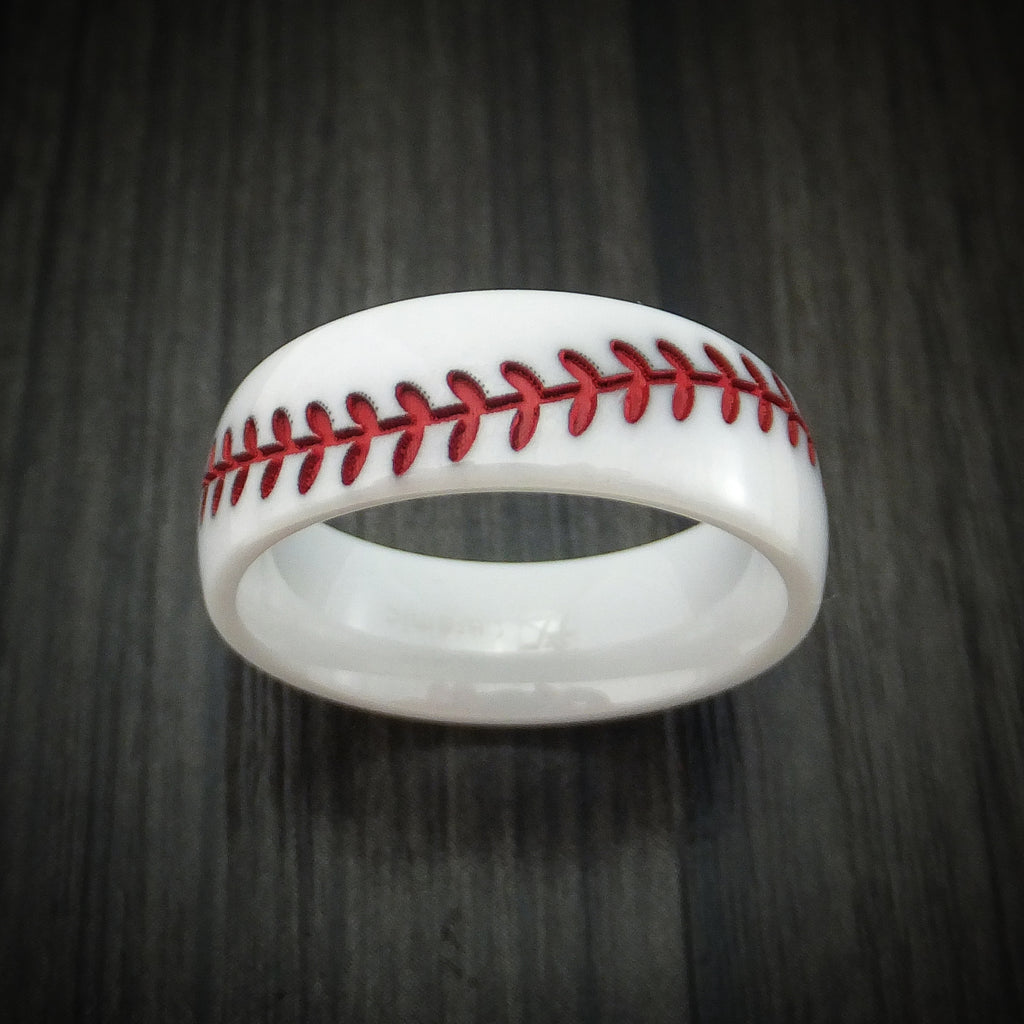 White Ceramic Baseball Ring with Polish Finish