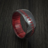 Black Zirconium Baseball Stitch Ring with Custom Color and Bahama Cherry Wood Sleeve - Baseball Rings
 - 1