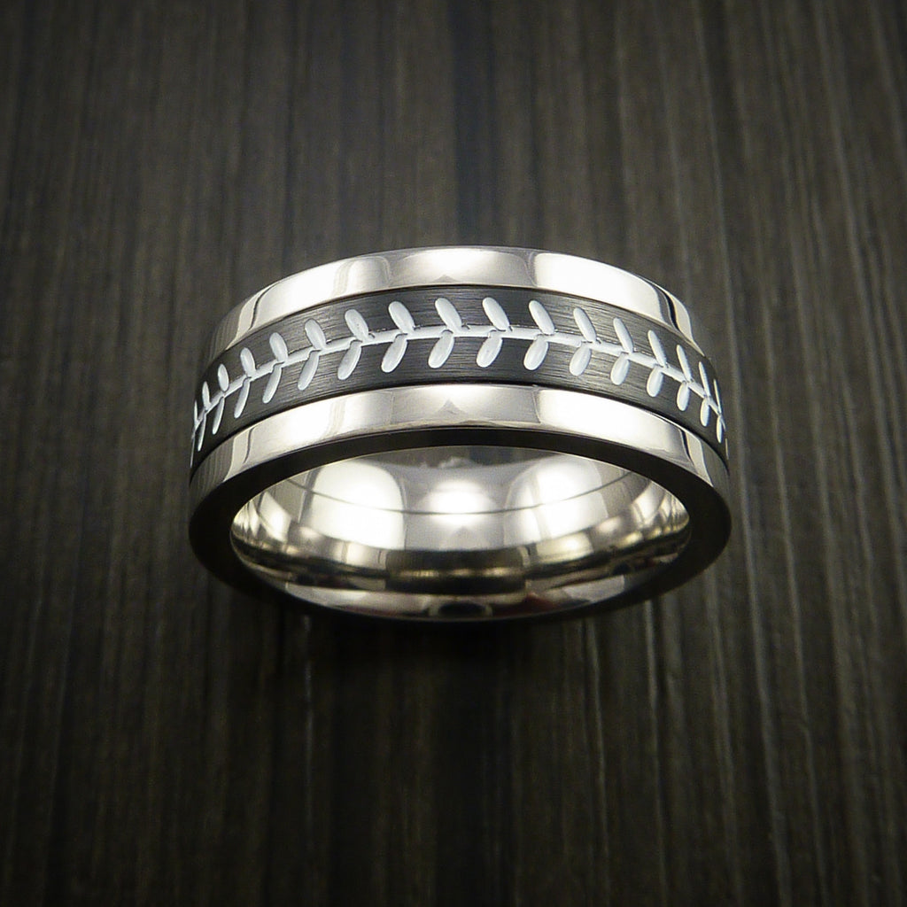 Unique Cobalt Chrome and Black Zirconium Baseball Ring with Strait Stitching - Baseball Rings
 - 2
