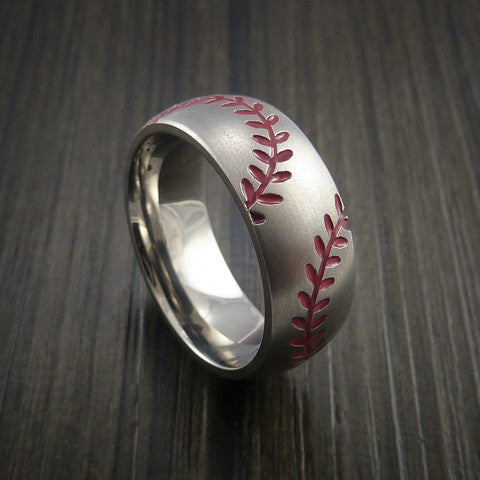 Titanium Double Stitch Baseball Ring with Bead Blast Finish - Baseball Rings
 - 2