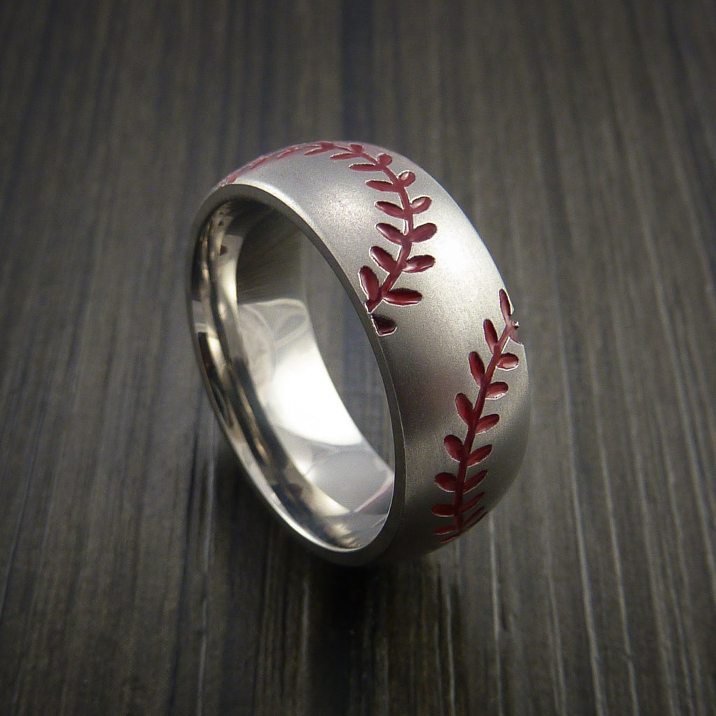 Titanium Double Stitch Baseball Ring with Bead Blast Finish - Baseball Rings
 - 1