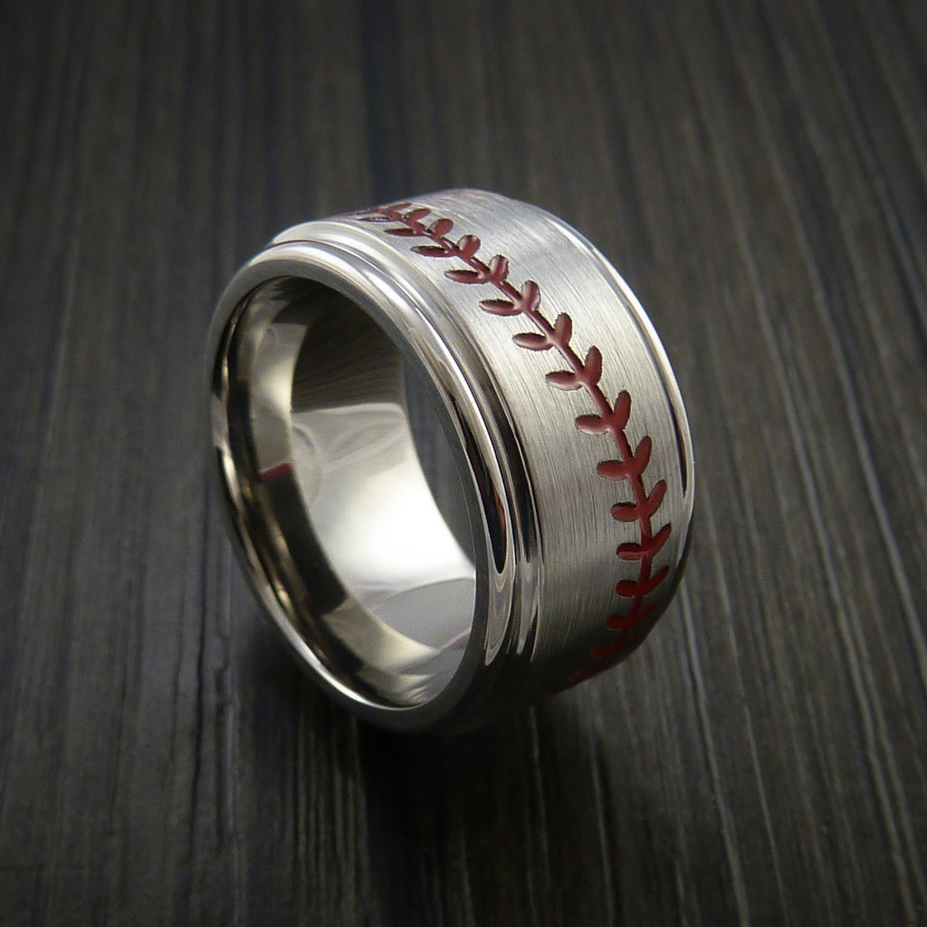 Wide Titanium Baseball Ring With Satin Finish - Baseball Rings
 - 1