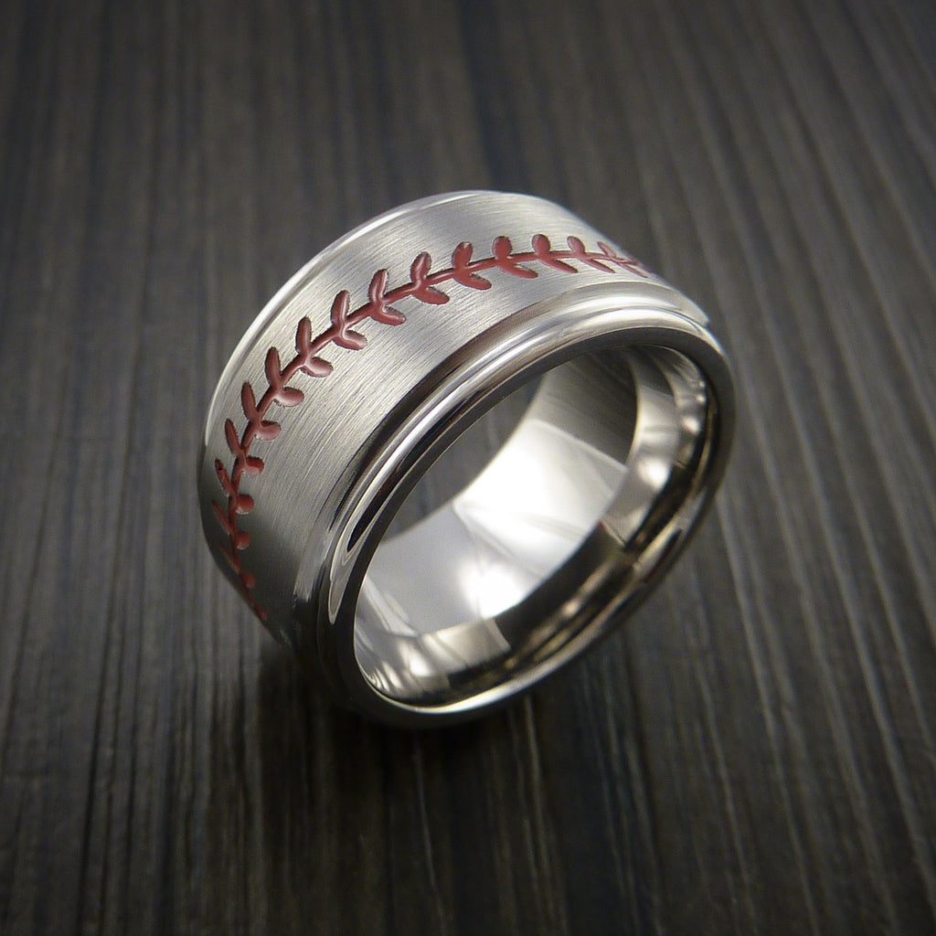 Wide Titanium Baseball Ring With Satin Finish - Baseball Rings
 - 4