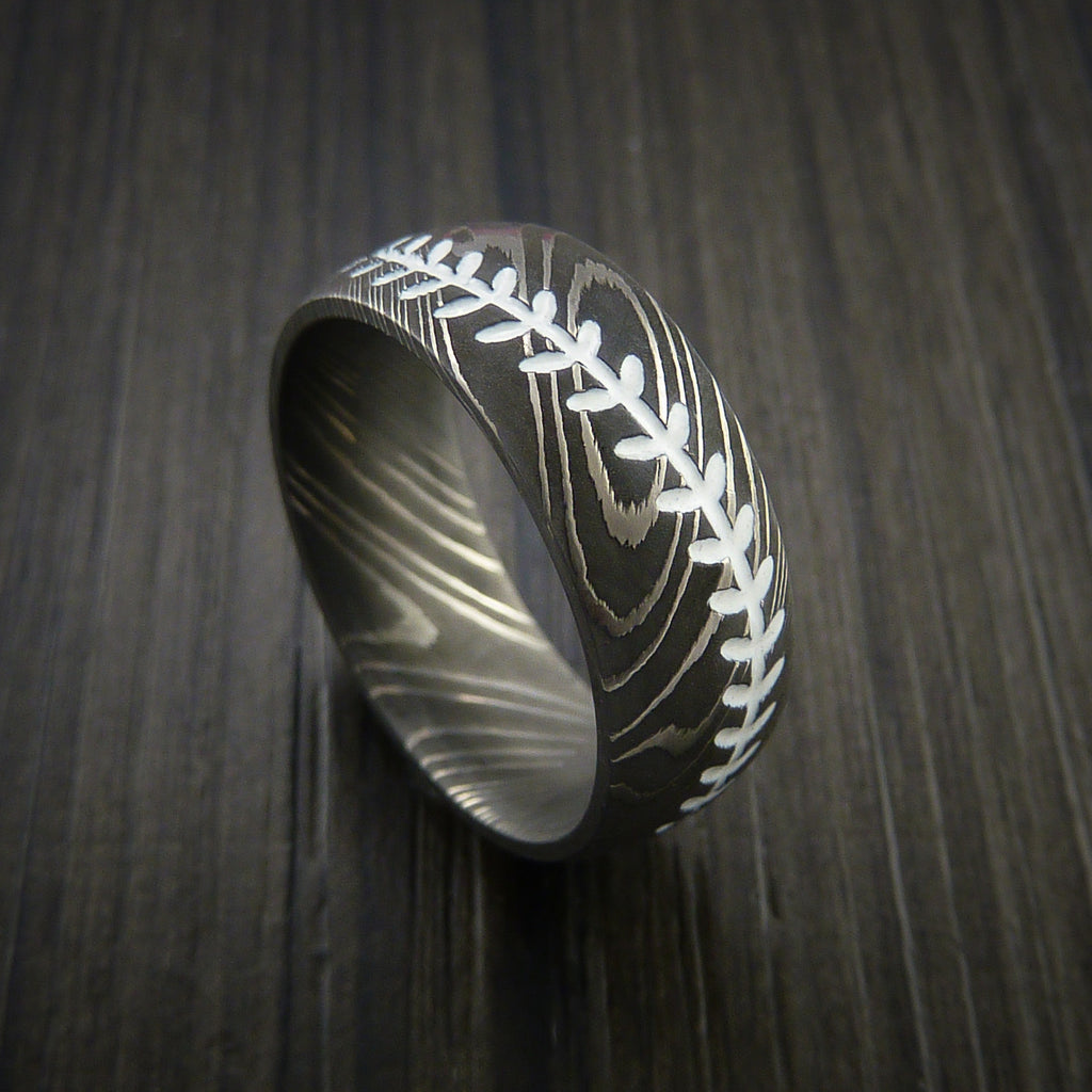 Damascus Steel Baseball Ring with Acid Wash Finish - Baseball Rings
 - 12